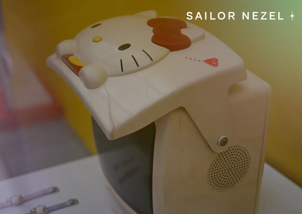 Téléviseur rétro en plastique crème dont le boîtier reprend la forme du visage de Hello Kitty, avec un nœud orange en relief