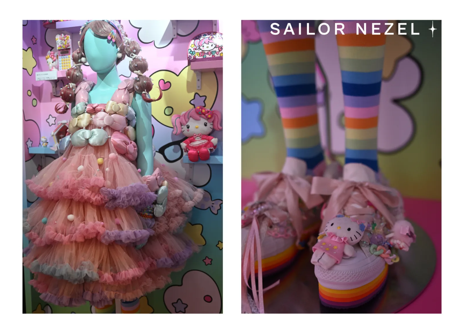 Robe en tulle superposé rose et lavande sur mannequin, devant un décor mural de nuages Hello Kitty, et souliers à rubans sur semelle arc-en-ciel avec chaussettes rayées