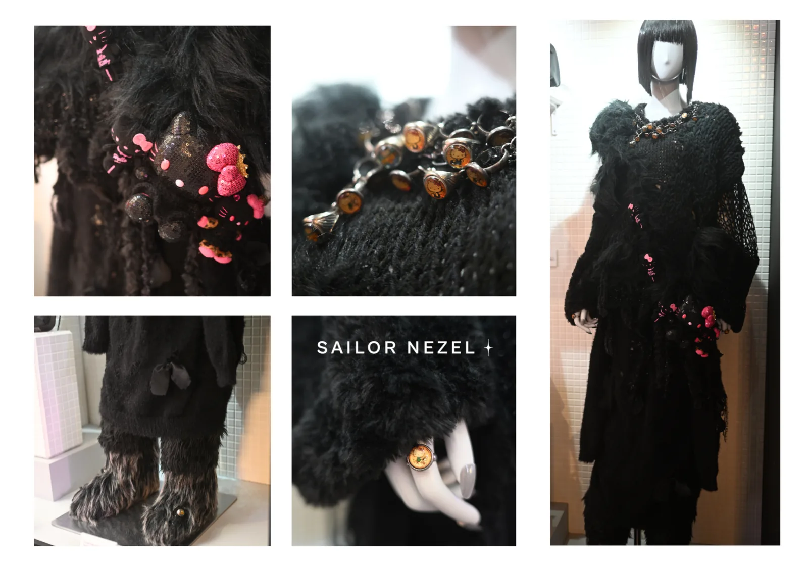 Silhouette entièrement noire sur mannequin à perruque carrée, avec broderies Hello Kitty roses, collier et bague à cabochons ambrés au motif du personnage