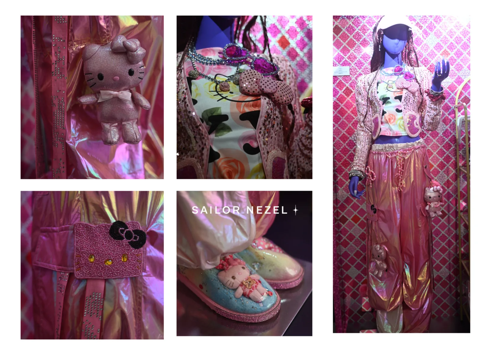 Tenue rose irisée sur mannequin : veste couverte de strass, pantalon en tissu holographique, pochette brodée de perles au motif Hello Kitty et lunettes à verres roses