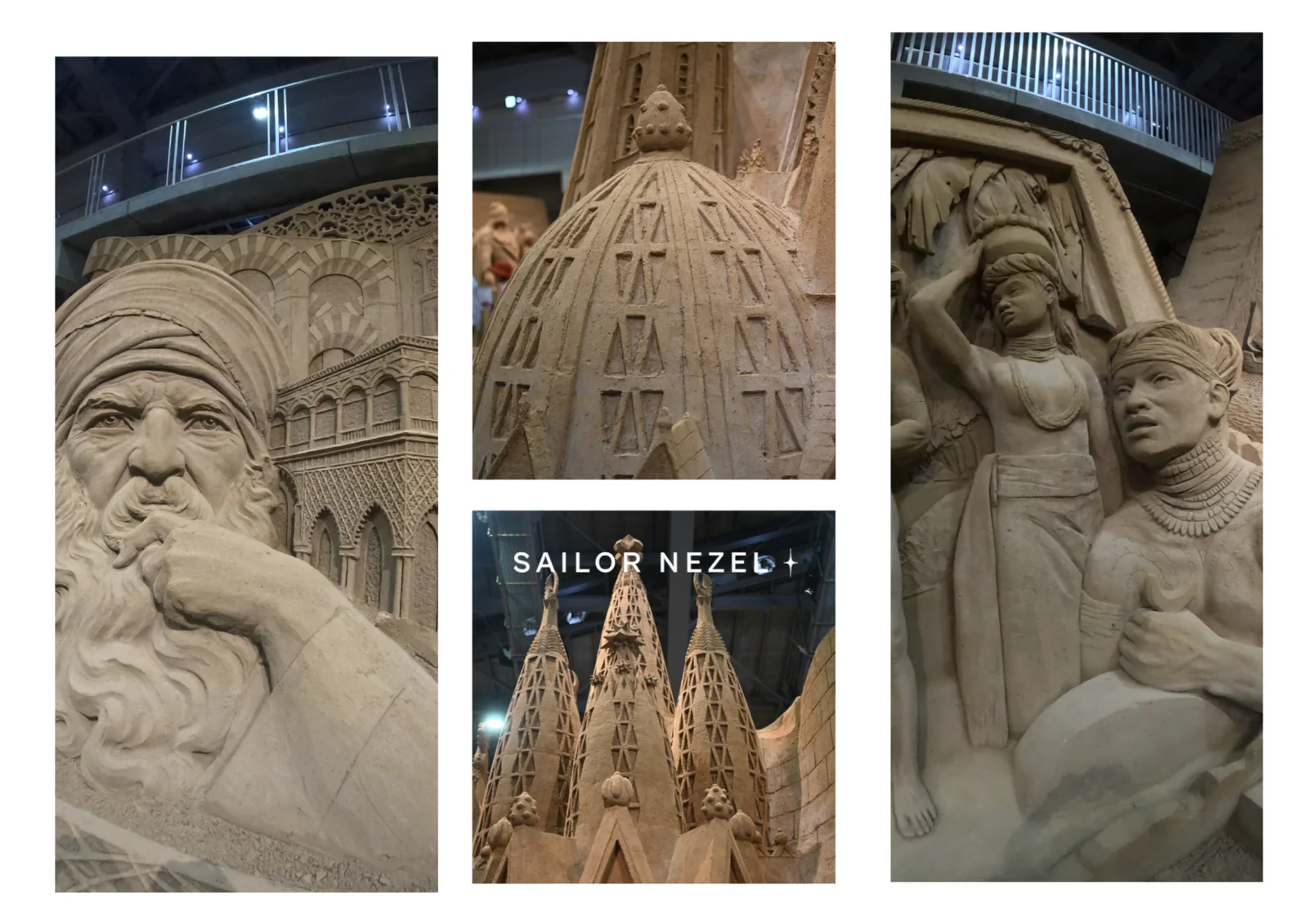 Quatre détails de sculptures de sable : un visage barbu, une coupole, des flèches et deux personnages